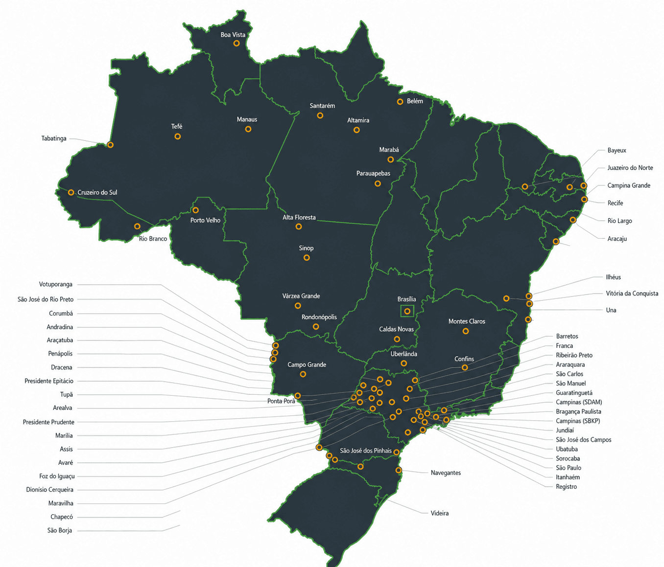 Mapa do Brasil com cidades atendidas